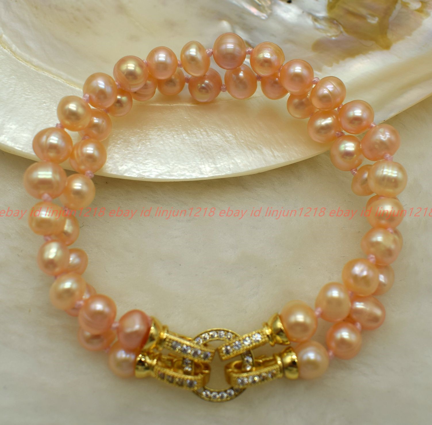 Pretty Natural 2 Rows 7-8/8-9mm Pink Freshwater Pearl Gemstone Bracelet 7-9in