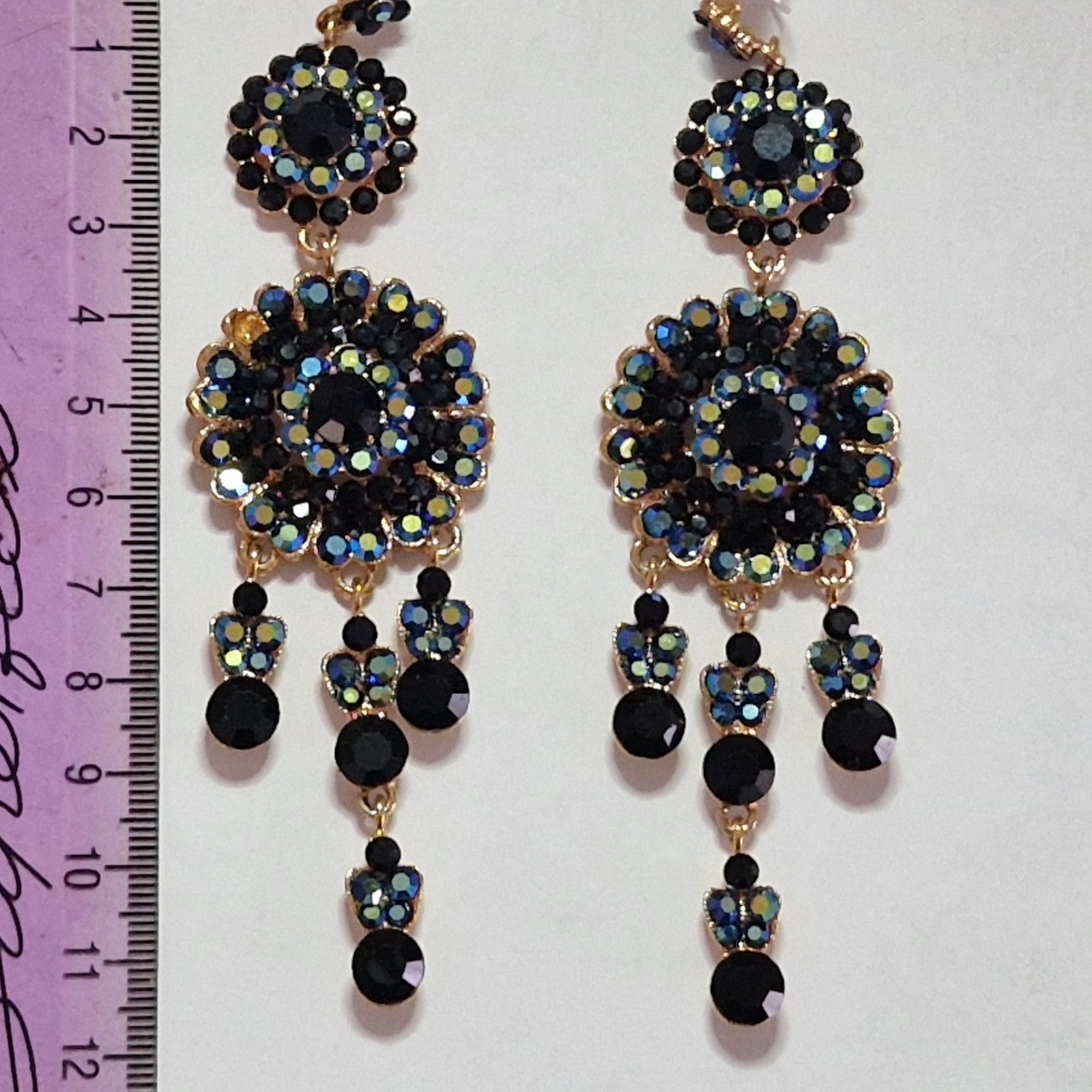 Ethnic Earrings 12cm Drop Dangle Earrings Black Stonework Gold Metal