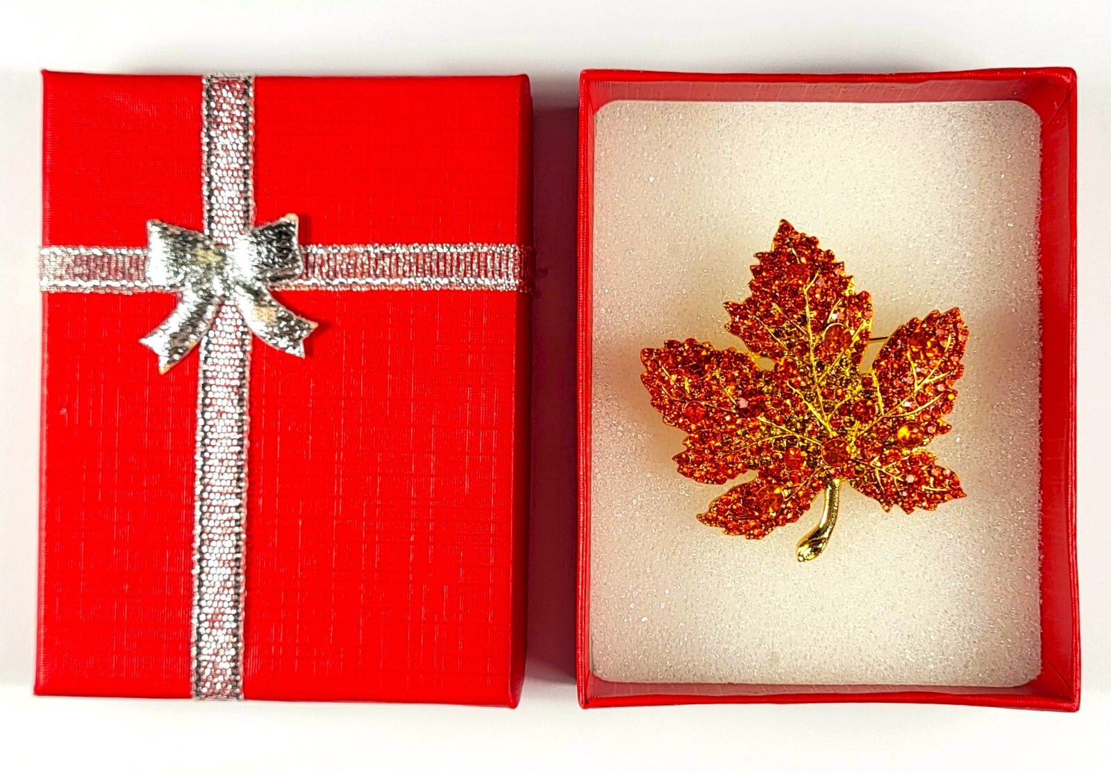48mm Red Orange Rhinestone Maple Leaf Brooch Fashion Lapel Pin Badge + Gift Box