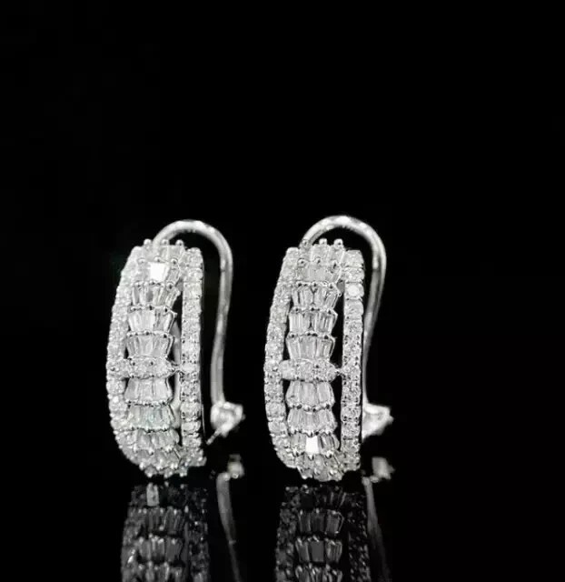 Omega Back Huggie Hoop Earrings 2.50Ct Simulated Diamond 14K White Gold Plated