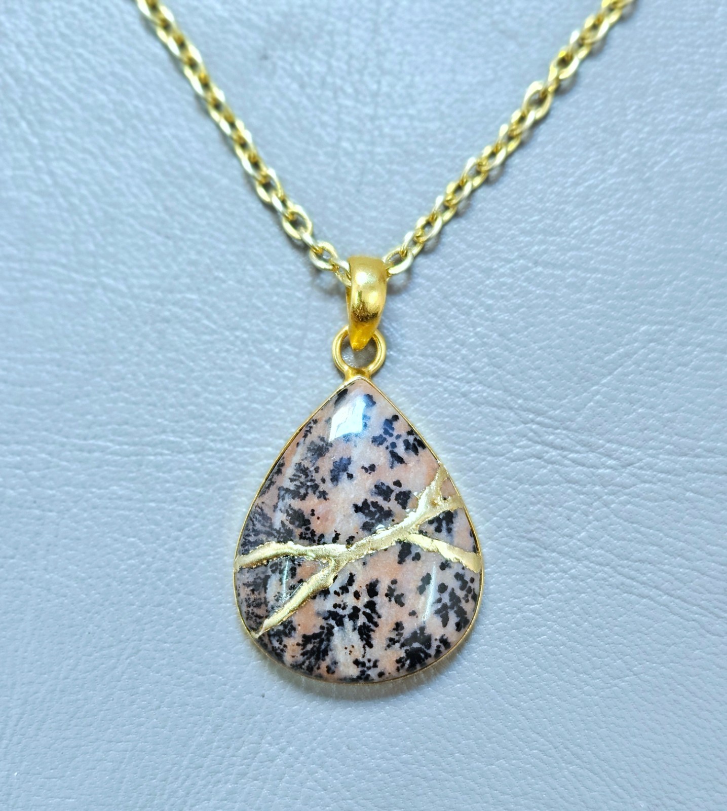 Necklace Dendritic Agate Pendant Kintsugi Art Brass Gold Plated Jewelry Gift