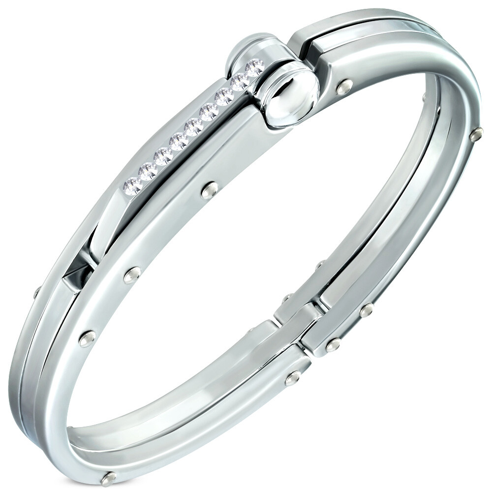 Fashion Alloy White CZ Silver-Tone Mens Handcuff Bracelet