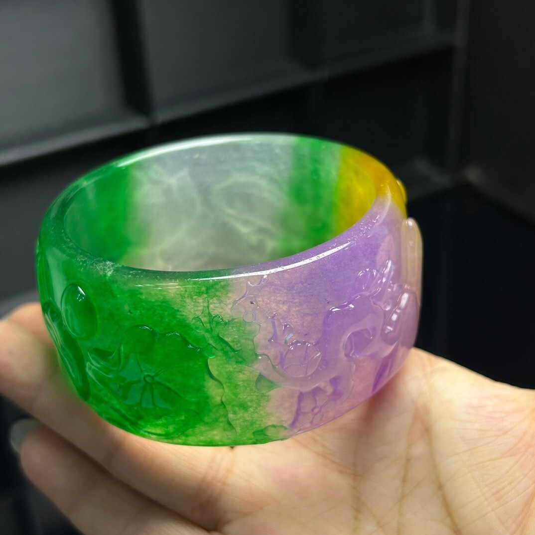 Natural Icy green Jade jadeite artistic carving Tyre bracelets 60mm