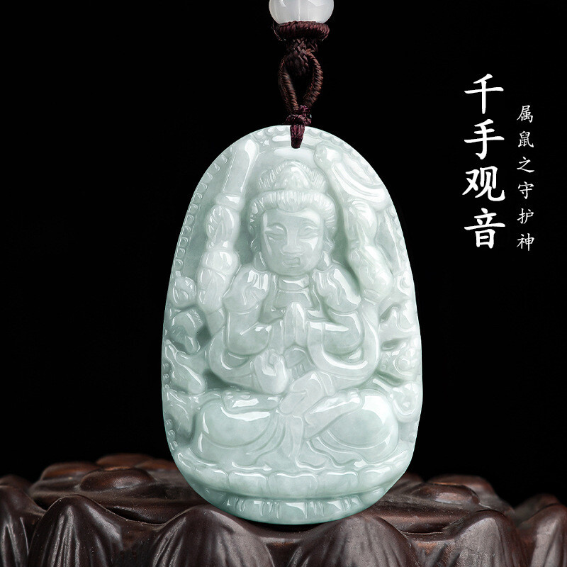 Natural Burma A-grade Jade Guanyin Bodhisattva Pendants Gem Necklace