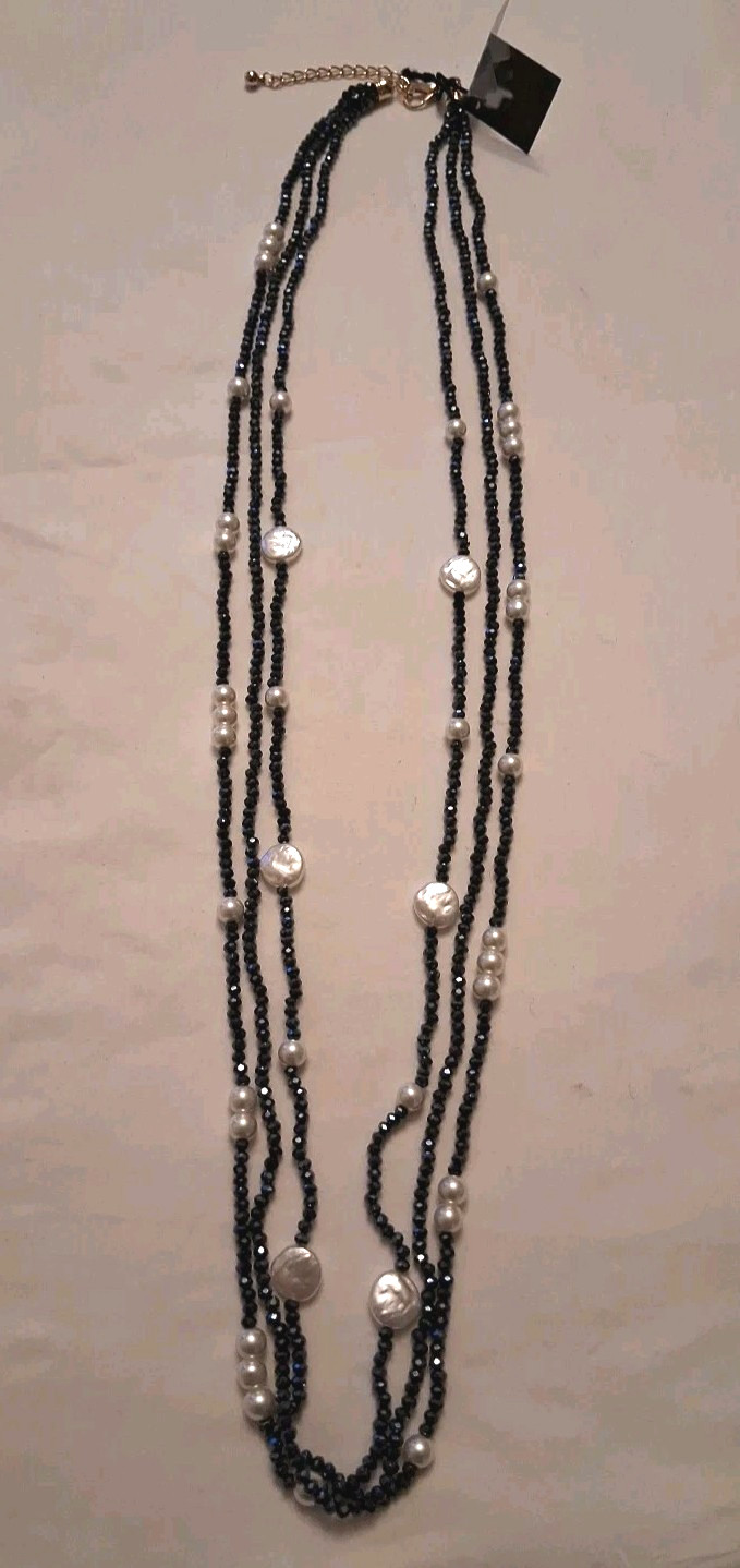 Gardenia Jewelry 3 Strand Glass Deep Sapphire Beads/Pearls 40″ Necklace Handmade