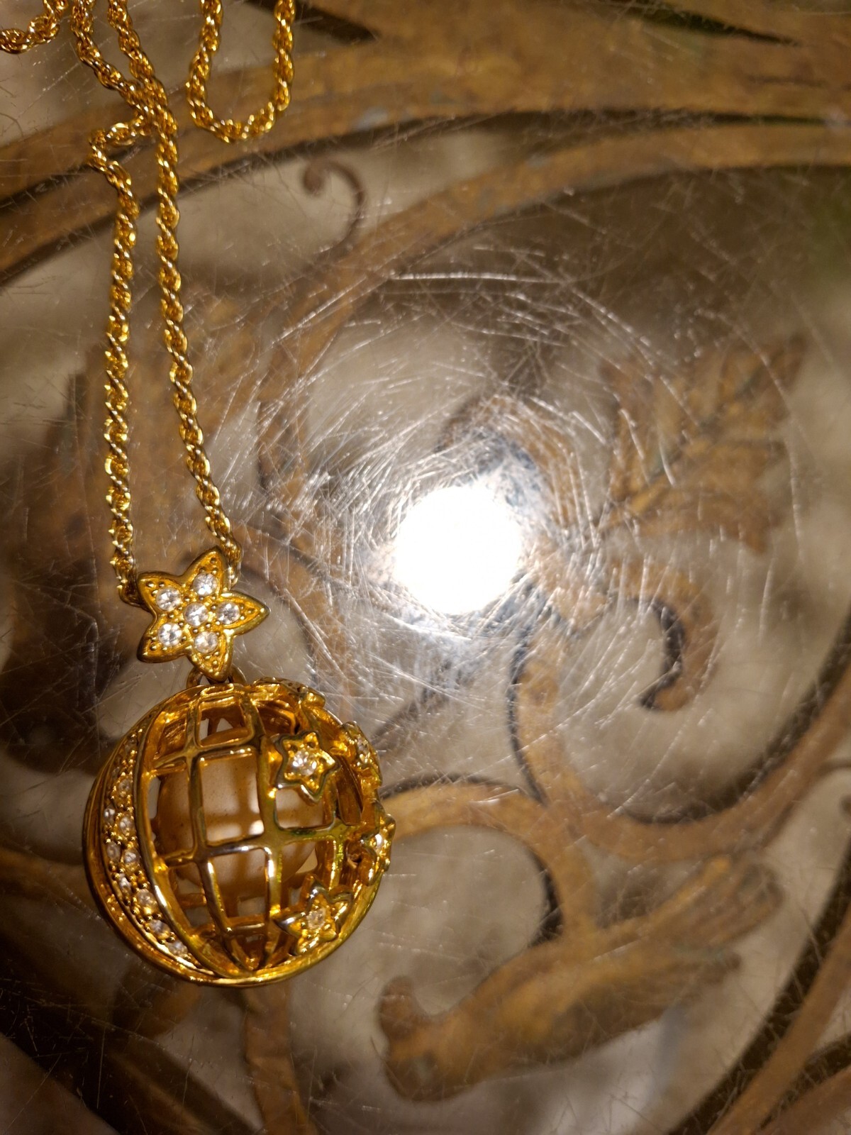 Dangle Pendant Ball Necklace Gold Color Over White Bead Globe Stars Rhinestones