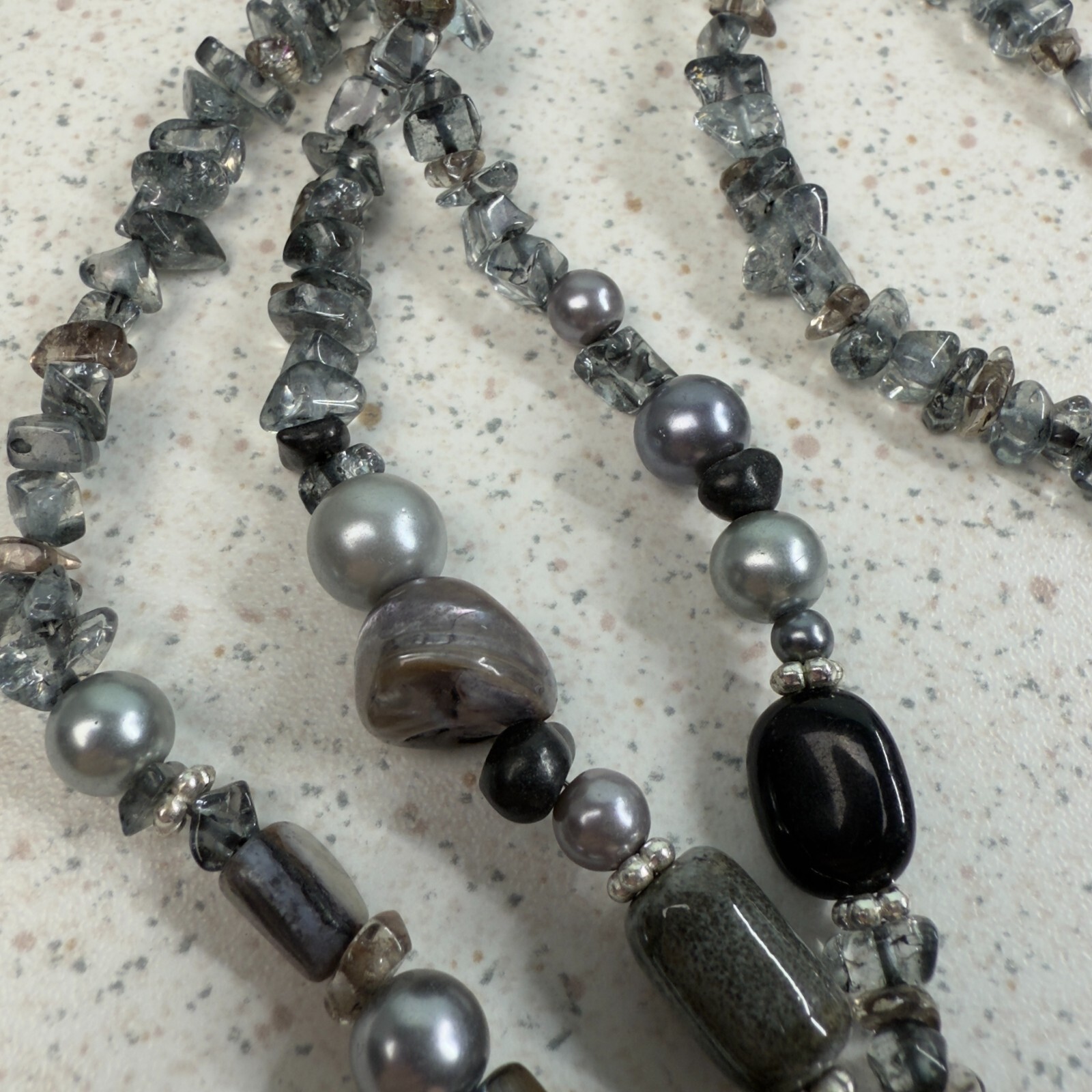 Metallic Black Silver Gray Chip Stone Beaded Multi Strand Necklace Earring Set