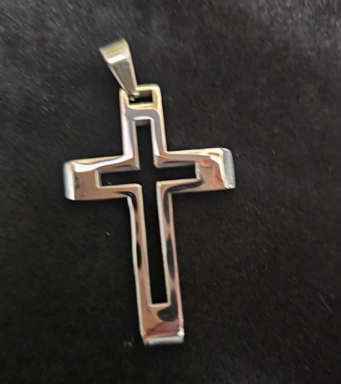 Silver Tone Religious Cross Charm Pendant Metal No Stone Black Inlay