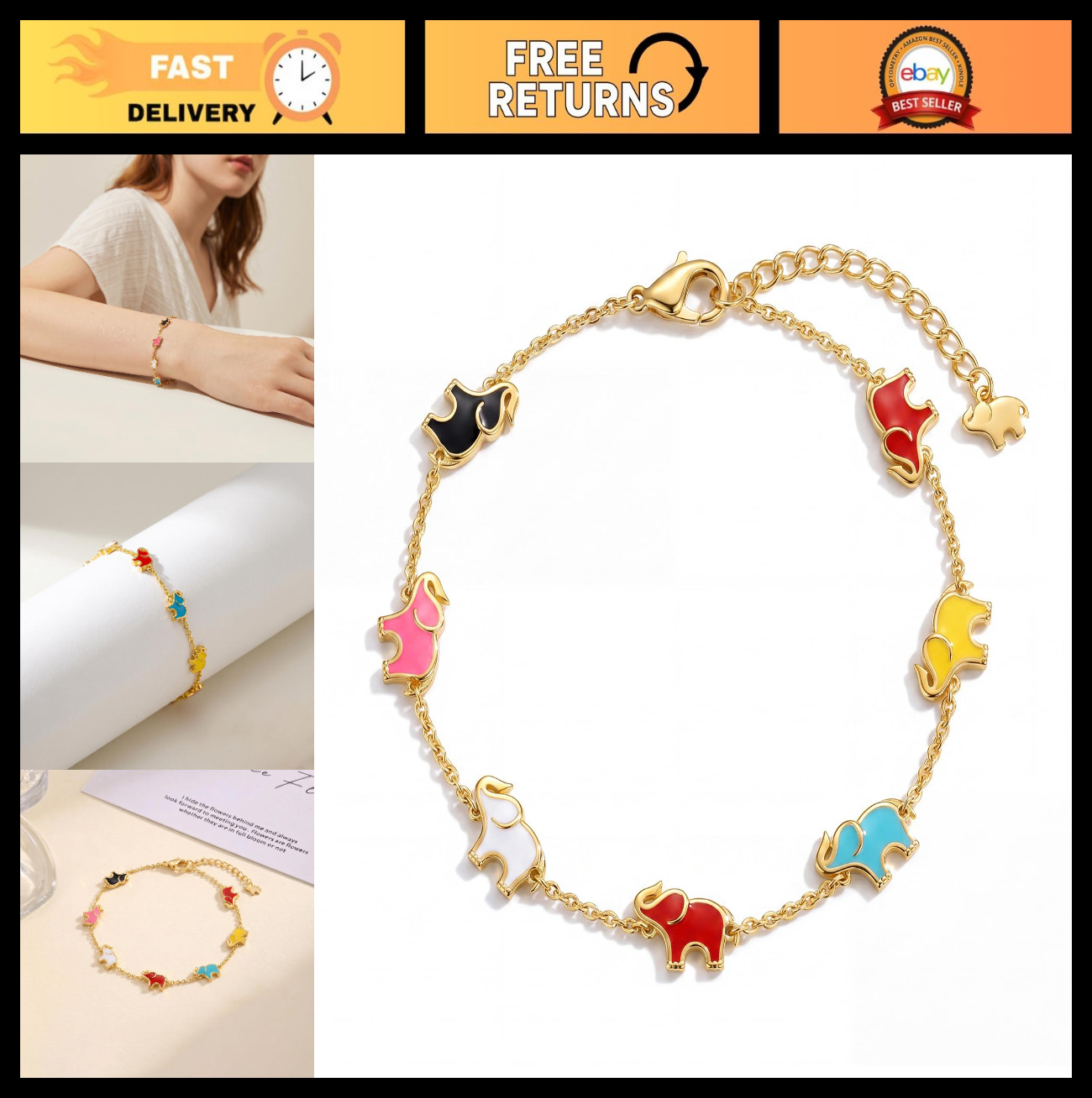 14K Gold Plated Adjustable Cat & Elephant Charm Bracelet | Perfect Gift for Anim