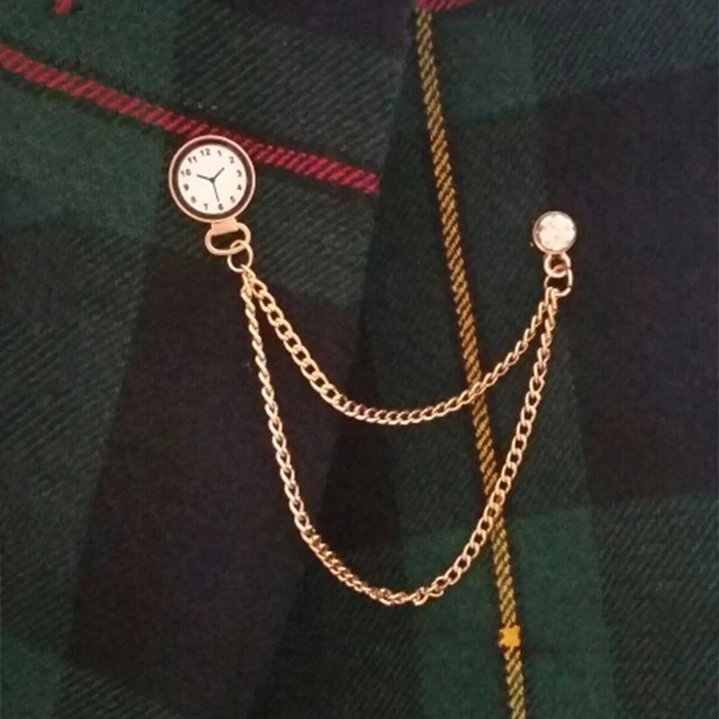 Men’s Vintage Clock Chain Brooch Gold Punk Pin Badge Suit Lapel Jewelry Gift