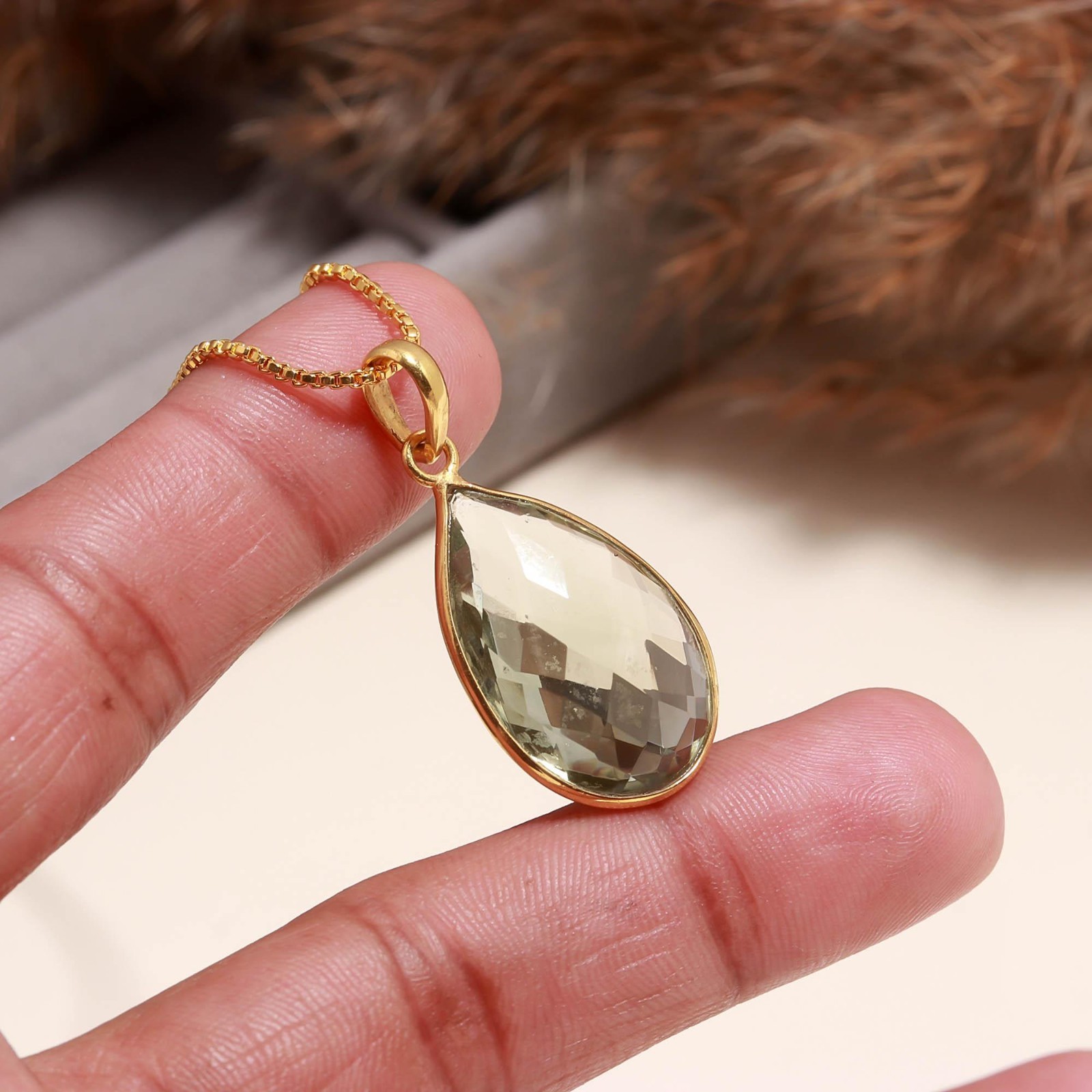 100% Natural Green Amethyst Pear Necklace Gold Fill925 Sterling Silver Jewelry