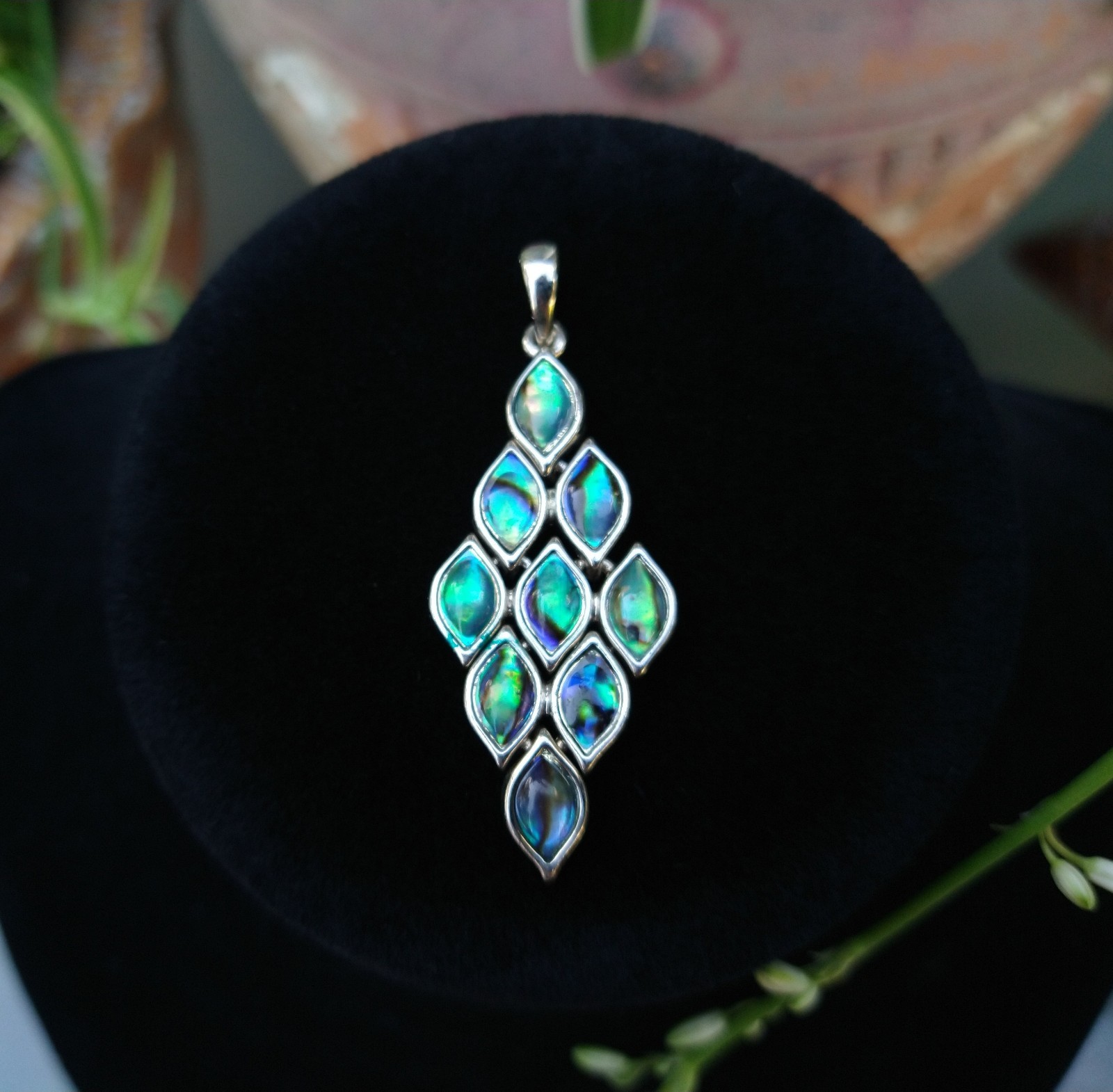 Silver Toned Green & Blue Iridescent Abaolone Shell Diamond Pendant ~ 2″ Long