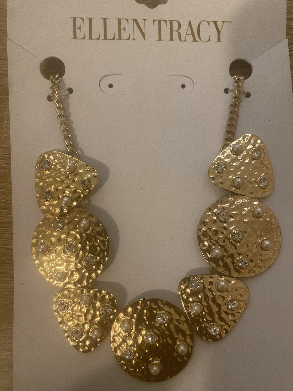 Ellen Tracy Gold Necklace Rhinestone Faux Pearl