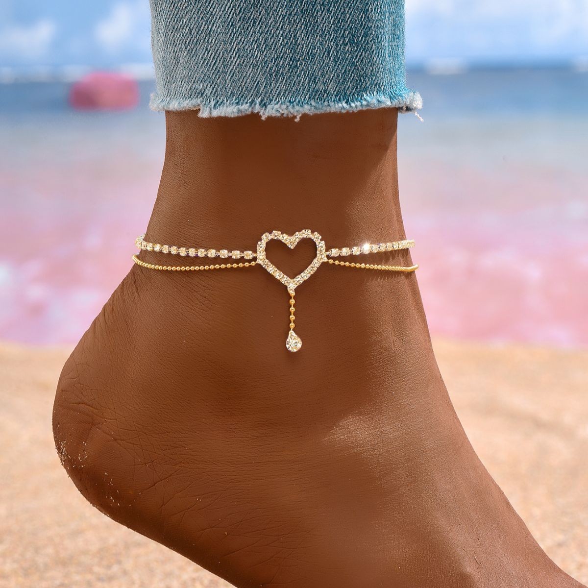 Heart Charm Double Layer Tassel Anklet for Women Beach Foot Chain Summer Jewelry
