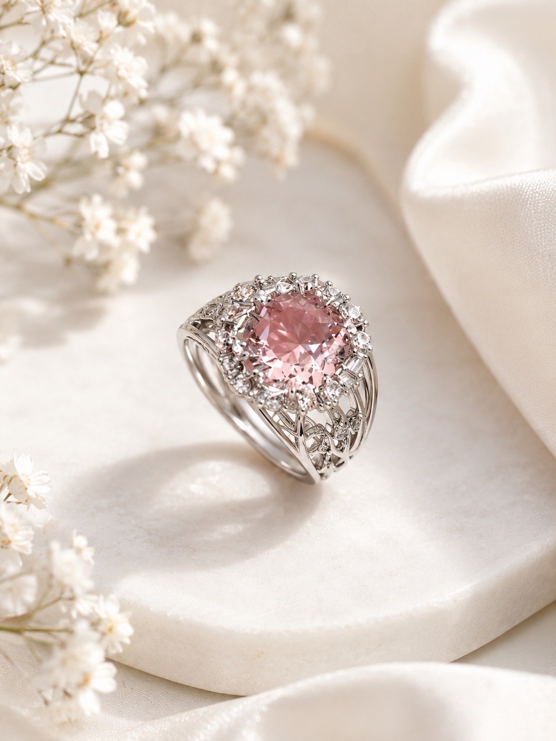 Vintage Style Pink Stone Cocktail Ring White Gold Filled Halo Cluster Statement
