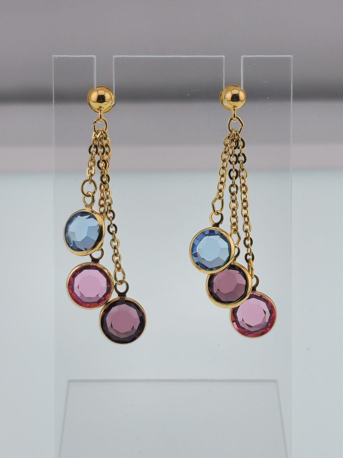 Gold Tone Colored Stone Dangle Drop Post Back Earrings