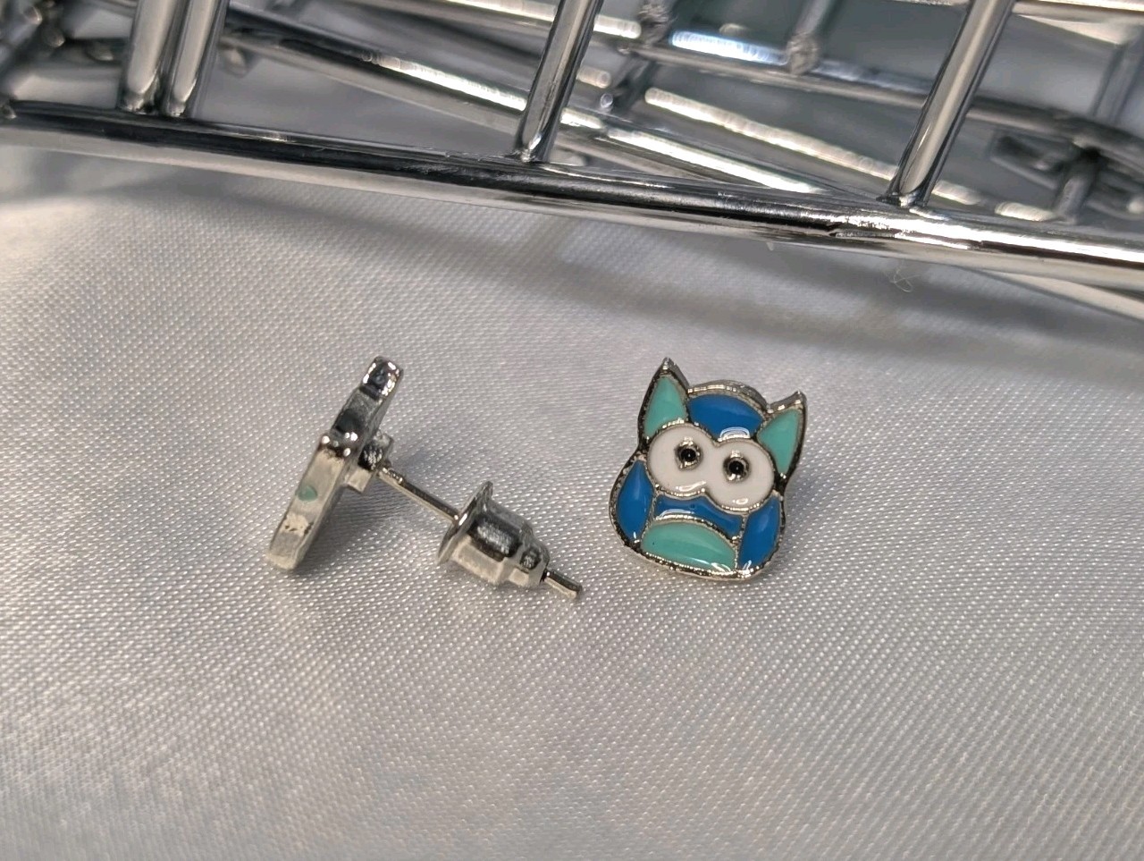 NEW Earrings Multi Blue Owl 🦉 Sterling Silver Studs Painted Fashion Earrings