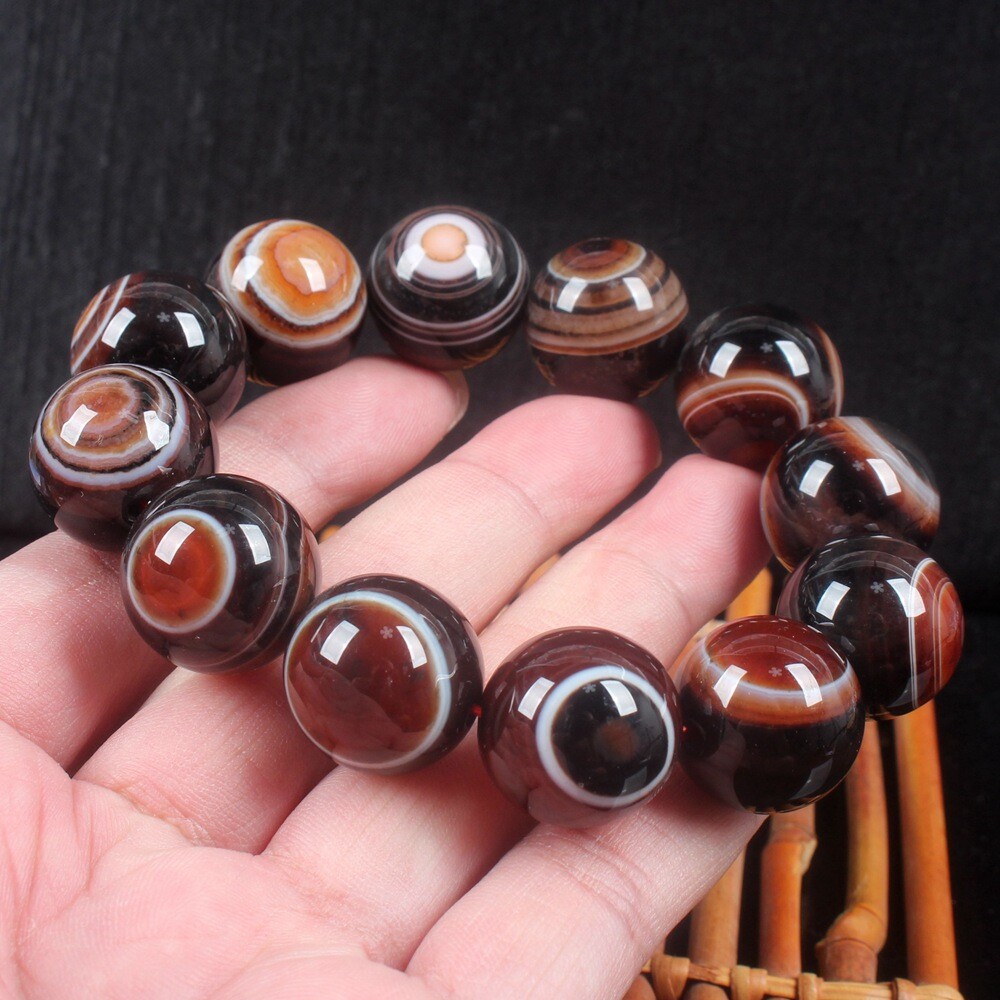 20mm Rare China Natural Agate Onyx Carved Buddha Beads Bracelet Bangle Wristlet