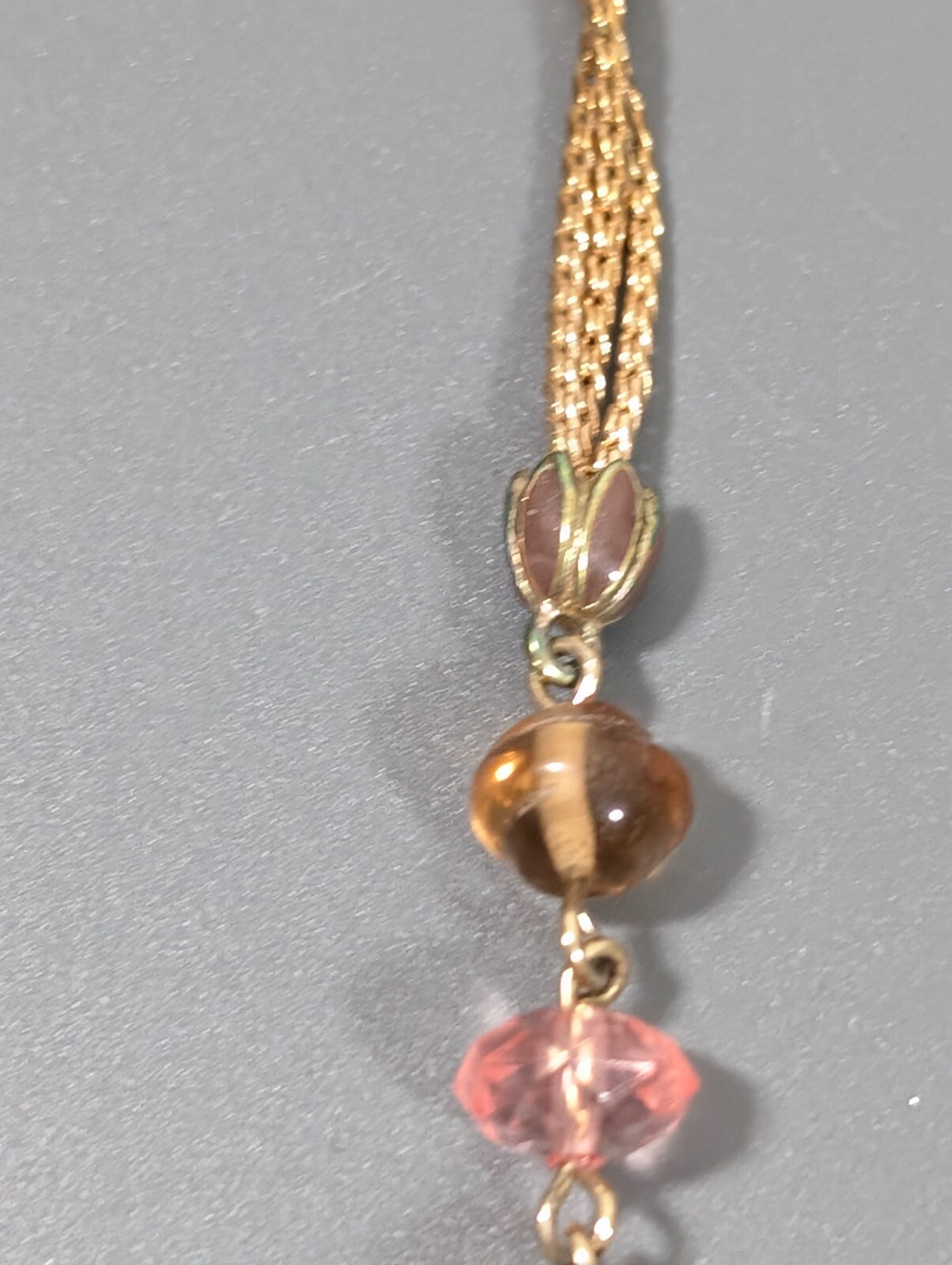 Retro Pink Brown Enamel Egg Bead Triple Chain Neckalce 19 in