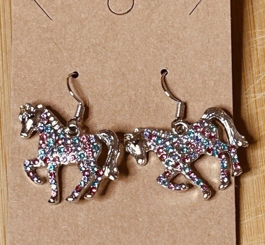 Colorful Pave Multicolor Crystal Running Horse Earrings Hook Dangle 1.25”