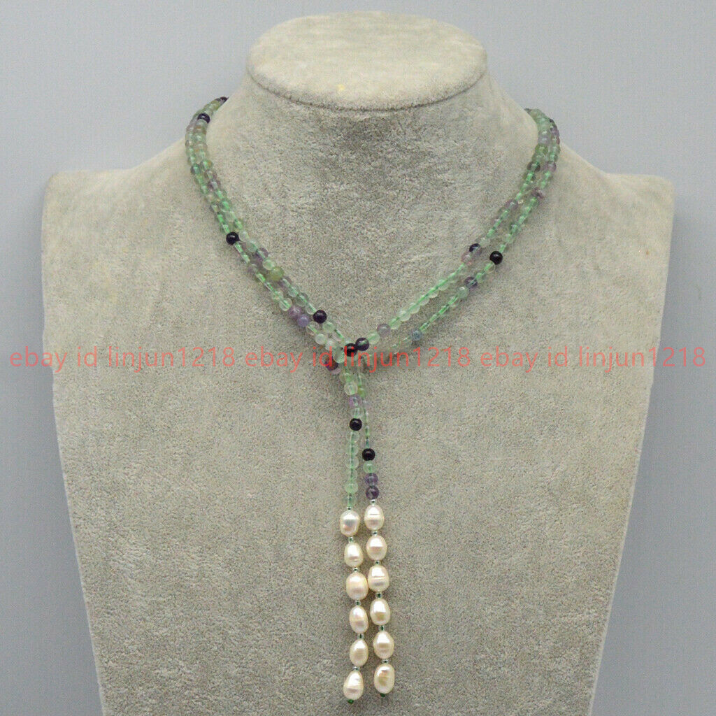 4mm Multi-Color Fluorite & 7-8mm White Freshwater Pearl Necklace Long 50”