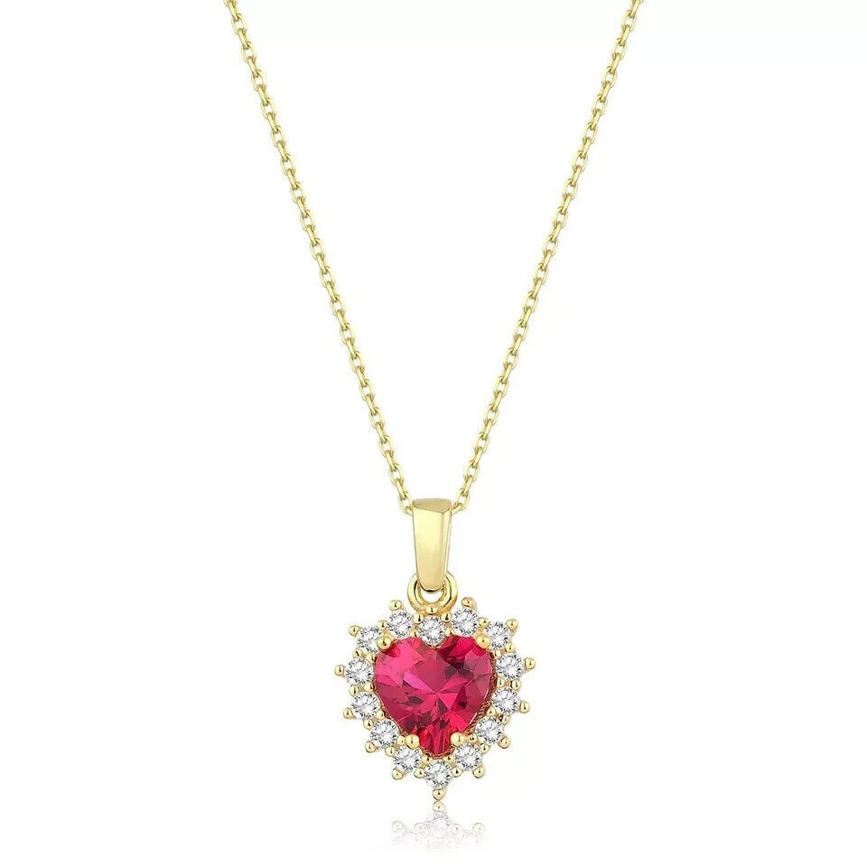2Ct Heart Cut Simulated Red Ruby Women’s Halo Pendant In 14K Yellow Gold Plated