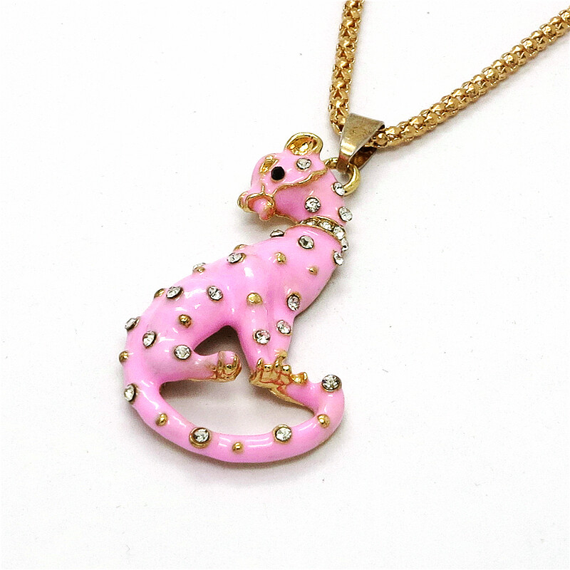 Pink Enamel Crystal Leopard Cute Pendant Fashion Women Sweater Chain Necklace