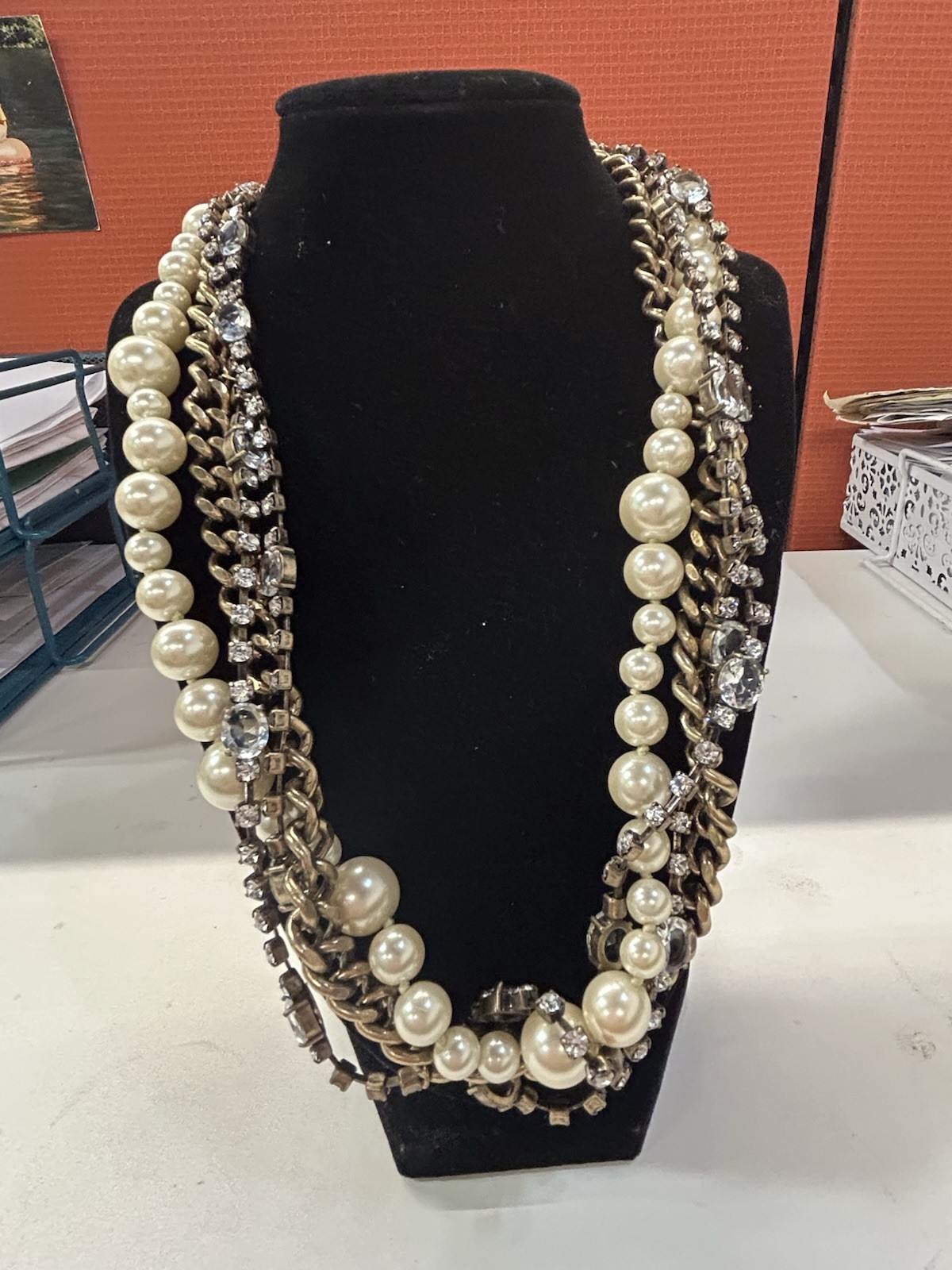 J.CREW Signed multi strand faux pearl crystal statement gold tone necklace