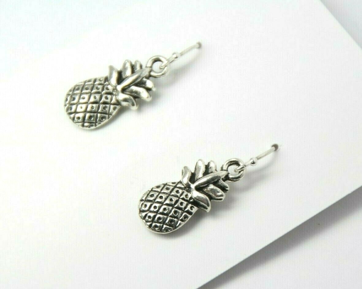 Pineapple Charm Earrings 925 sterling silver hooks pewter Charms 1 1/4″ Fruit