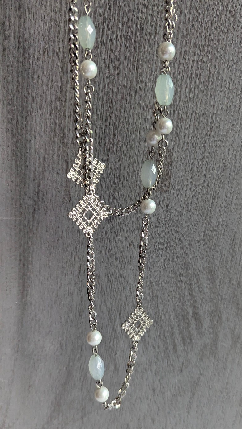 Silver Tone 2 Strand Long Necklace Faux Pearl White Beads Geometric Station 32″