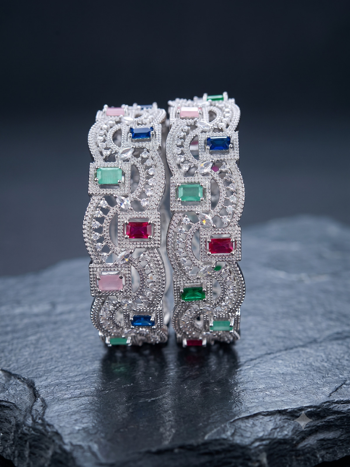 Fashion & Art Premium Silver-Toned Multi-Color AD Bangles (Size 2 – 8)