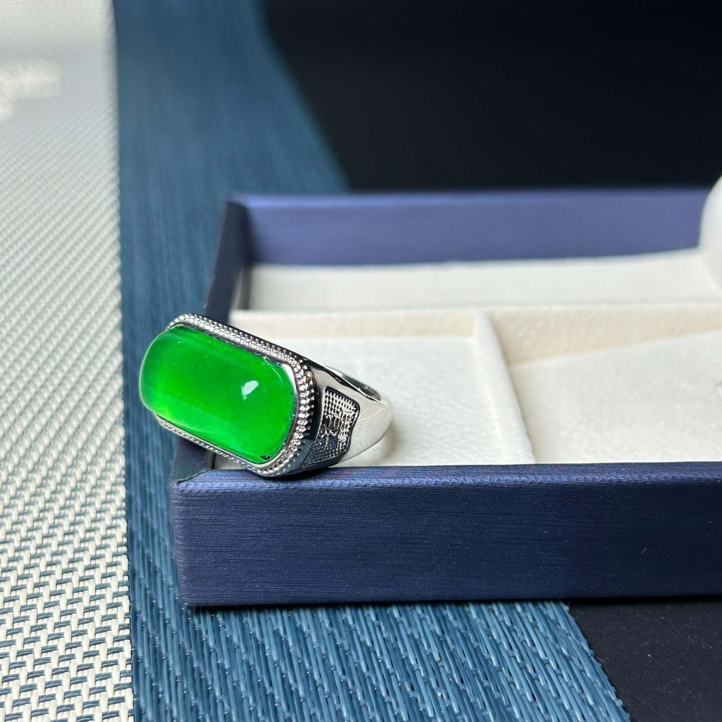 Luckly inlay Natural ice green Burmese Jade jadeite adjustable amulet rings