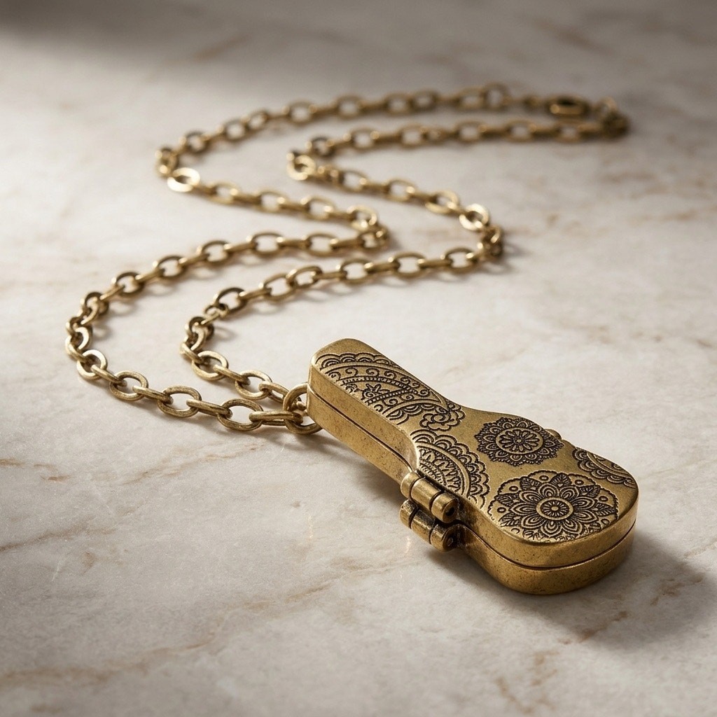 Lucky Brand Gold-Tone Floral Engraved Guitar Case Locket Necklace 32” – 34”