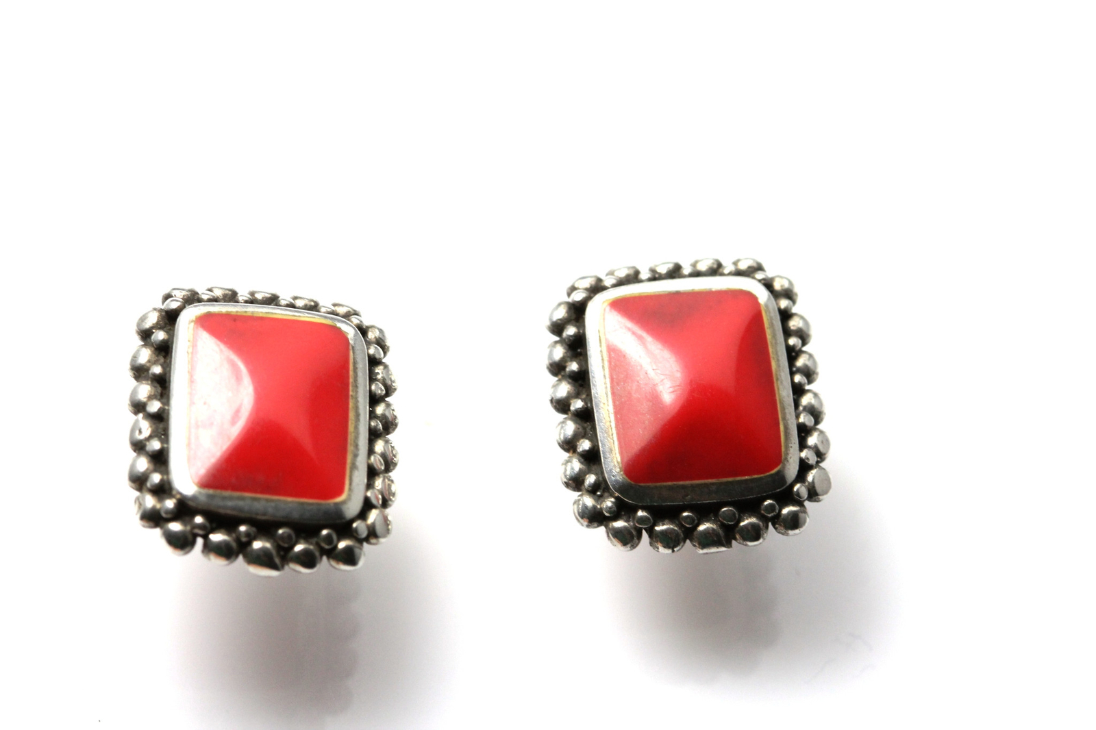 Rectangular Shape Red Stone Sterling Silver 925 Earrings 7.4 Grams (EAR2724)