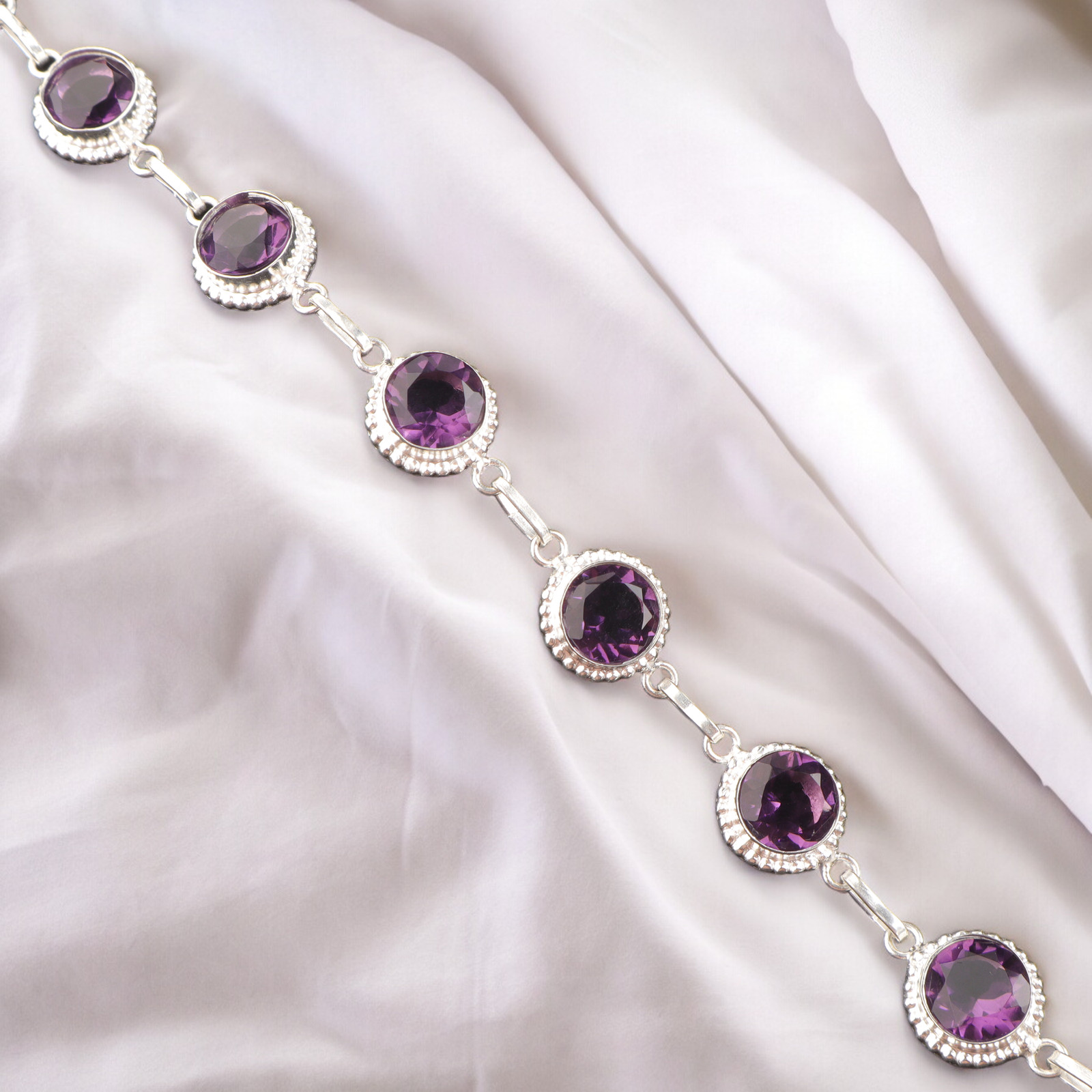 Round Amethyst Gemstone 925 Silver February Chain Handcrafted Bracelet Jewelry