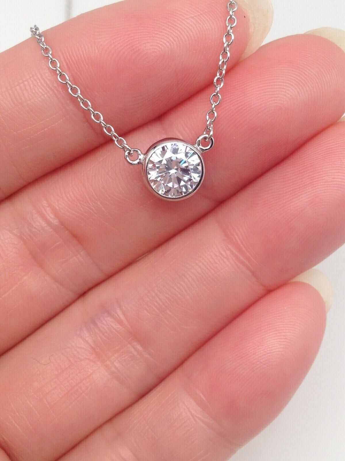 Tiny Bezel Cz Solitaire Necklace 925 Sterling Silver Pendant Round 6.8mm 17.25″
