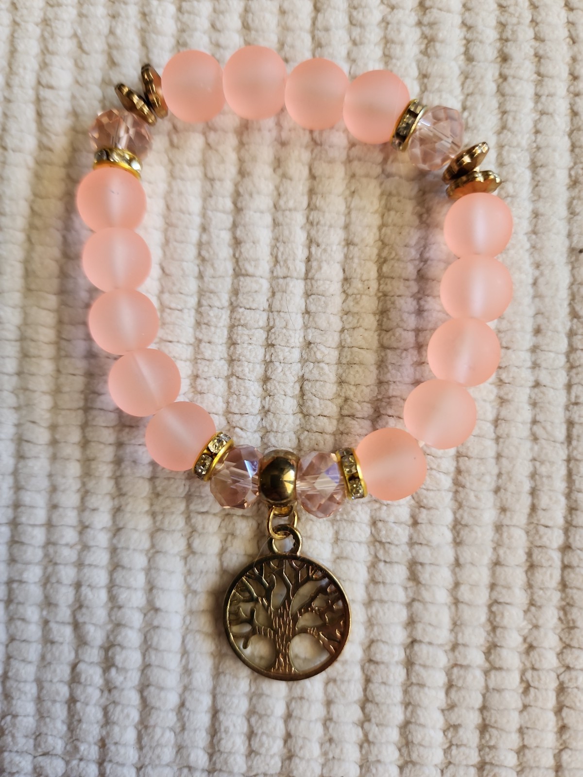 Pink opal and rose gold Tree of Life bracelet frosted beads and delicate charm.