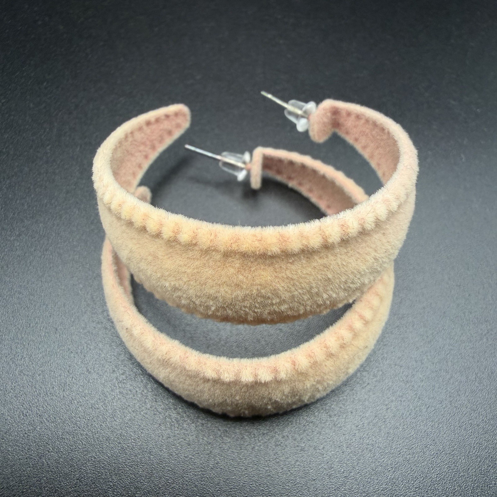 Chunky Velvet Hoop Earrings – Fuzzy Tan Beige Plush Open C Shape Studs Women’s