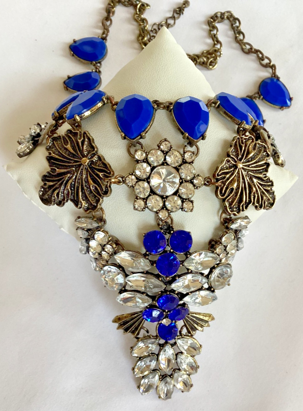 Spring Street Blue and Clear Rhinestone and Antiqued Brass Statement Necklace