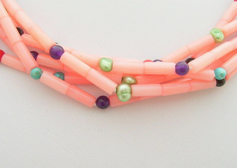 6 Strands Pearl Pink Coral Turquoise Jade NecklaceTorsade necklace lady jewelry