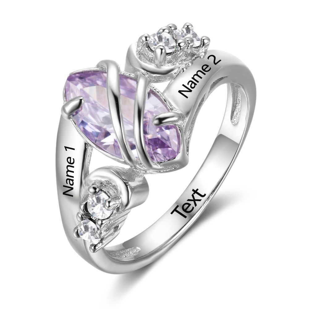 925 Sterling Silver Personalized Marquise Cut CZ Birthstone Engraved Swirl Ring