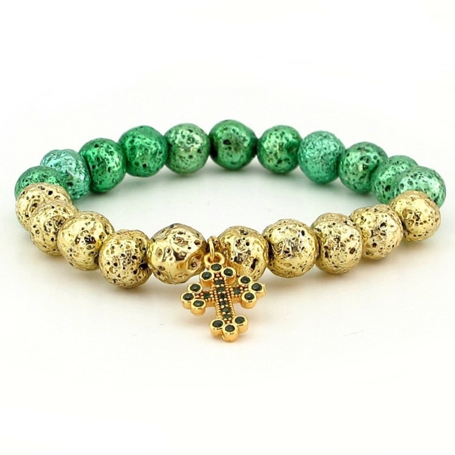 Natural Lava Stone Cross Charm Bracelet Women Stretch Bead Green Gold JX001