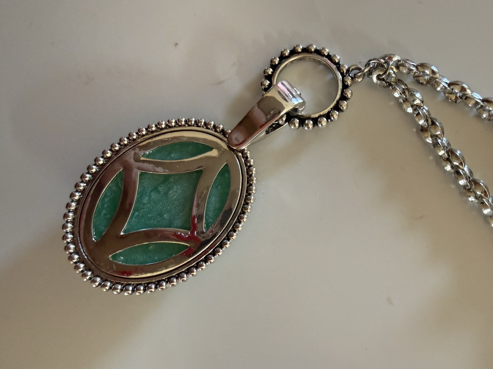 Silver-Tone Reversible Oval Green Stone Pendant Necklace, Bezel, Toggle Clasp