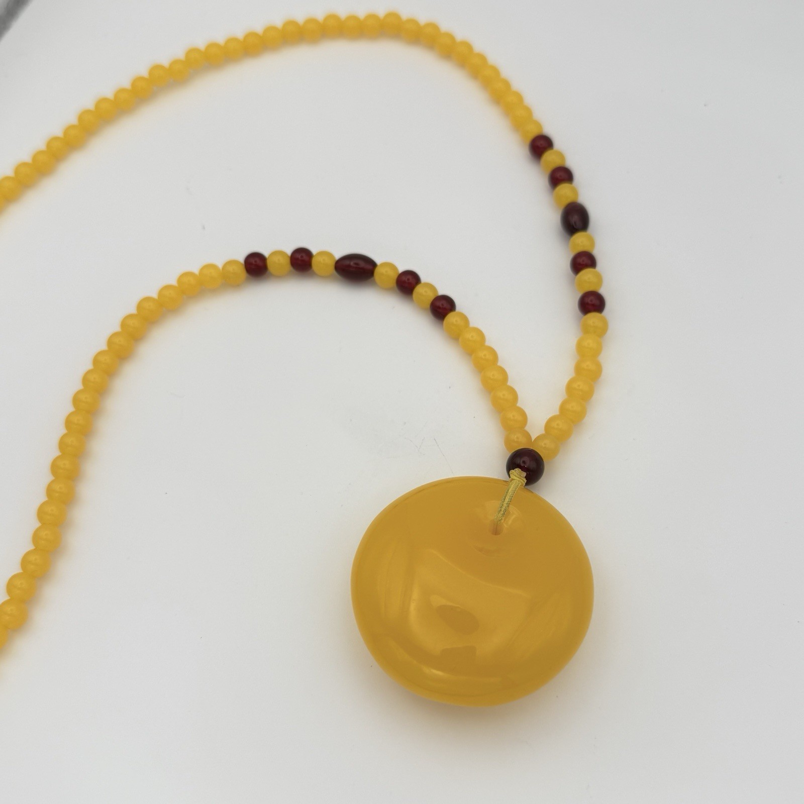 Retro Yellow Plastic Beaded Necklace Large Disc Pendant Statement Boho