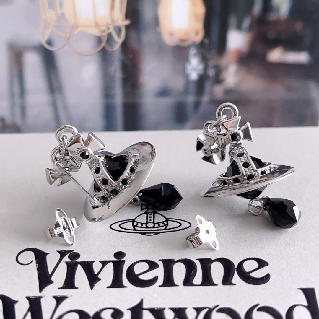 Vivienne Westwood Earrings Pierced Crystal Silver Black NO BOX [EJ361