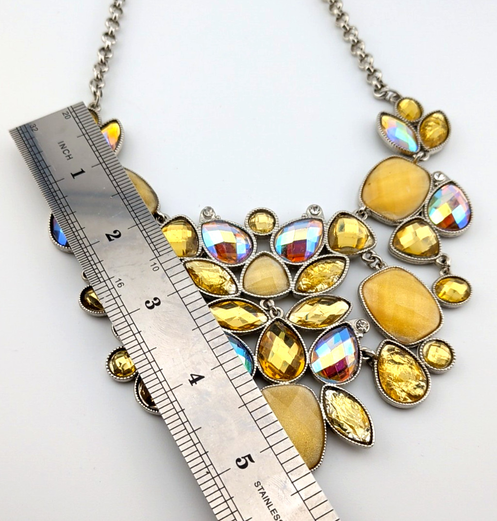 Statement Bib Necklace Gold/Iridescent Faceted Acrylic Crystals SilverTone Chain