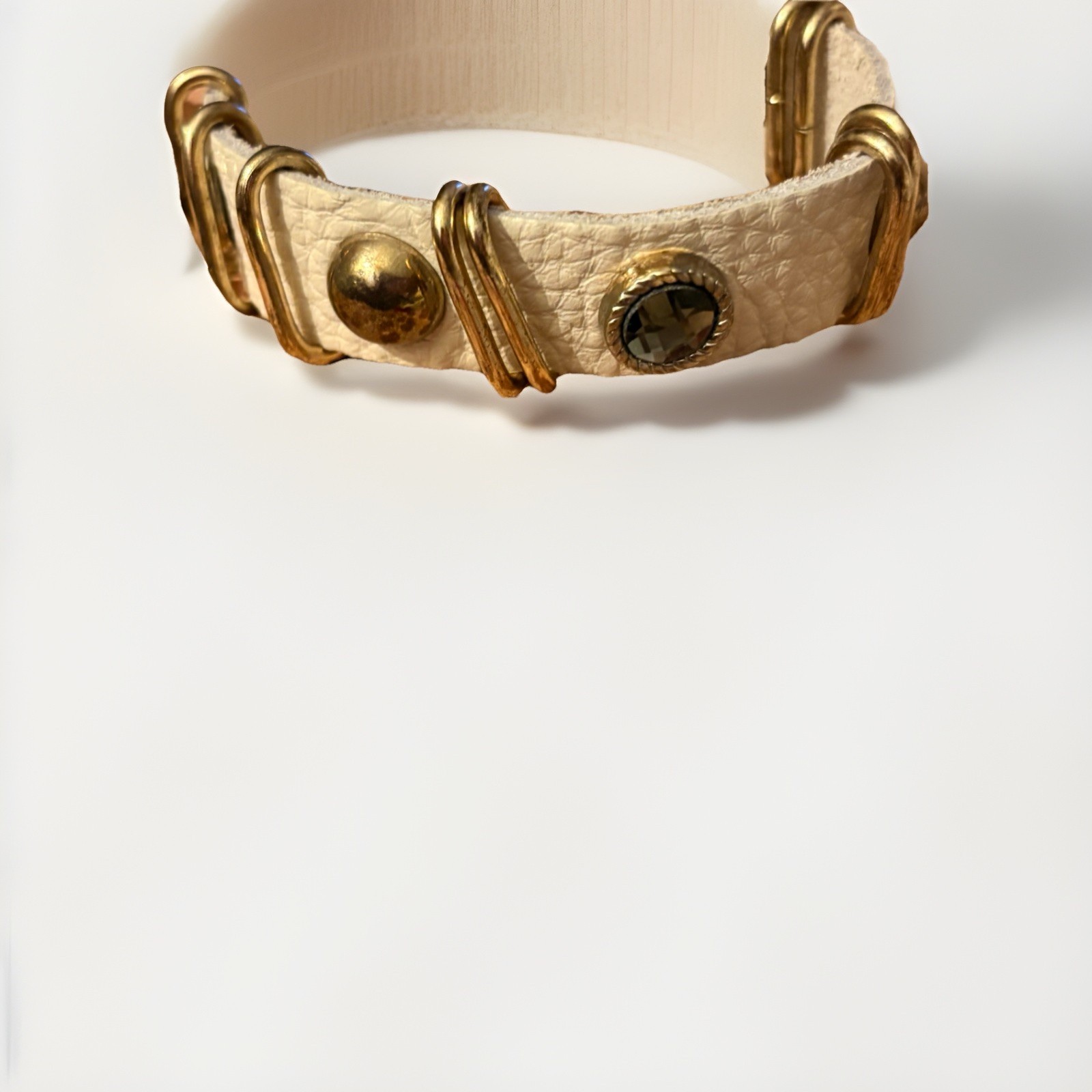 Vintage King Star Beige Leather Cuff Bracelet, with Crystals and snaps 7”-8”