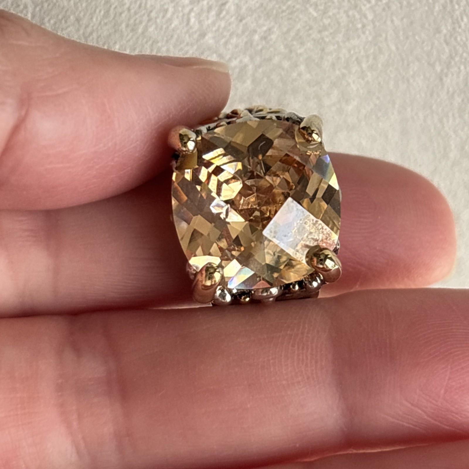 Inspirational Champagne Cushion Cut CZ Crystal Silver Gold Balinese Ring Size 7