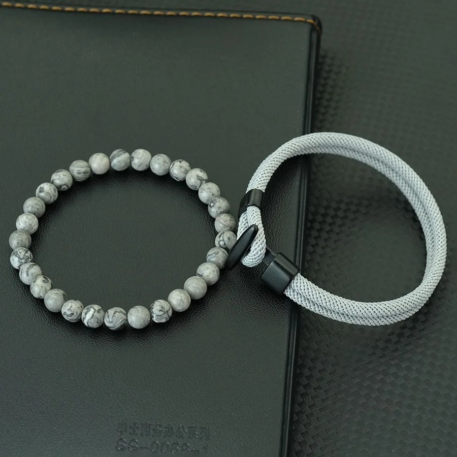 2PCS Men’s Beaded Rope Bracelet Set Tiger Eye & Malachite Stone Handmade Jewelry