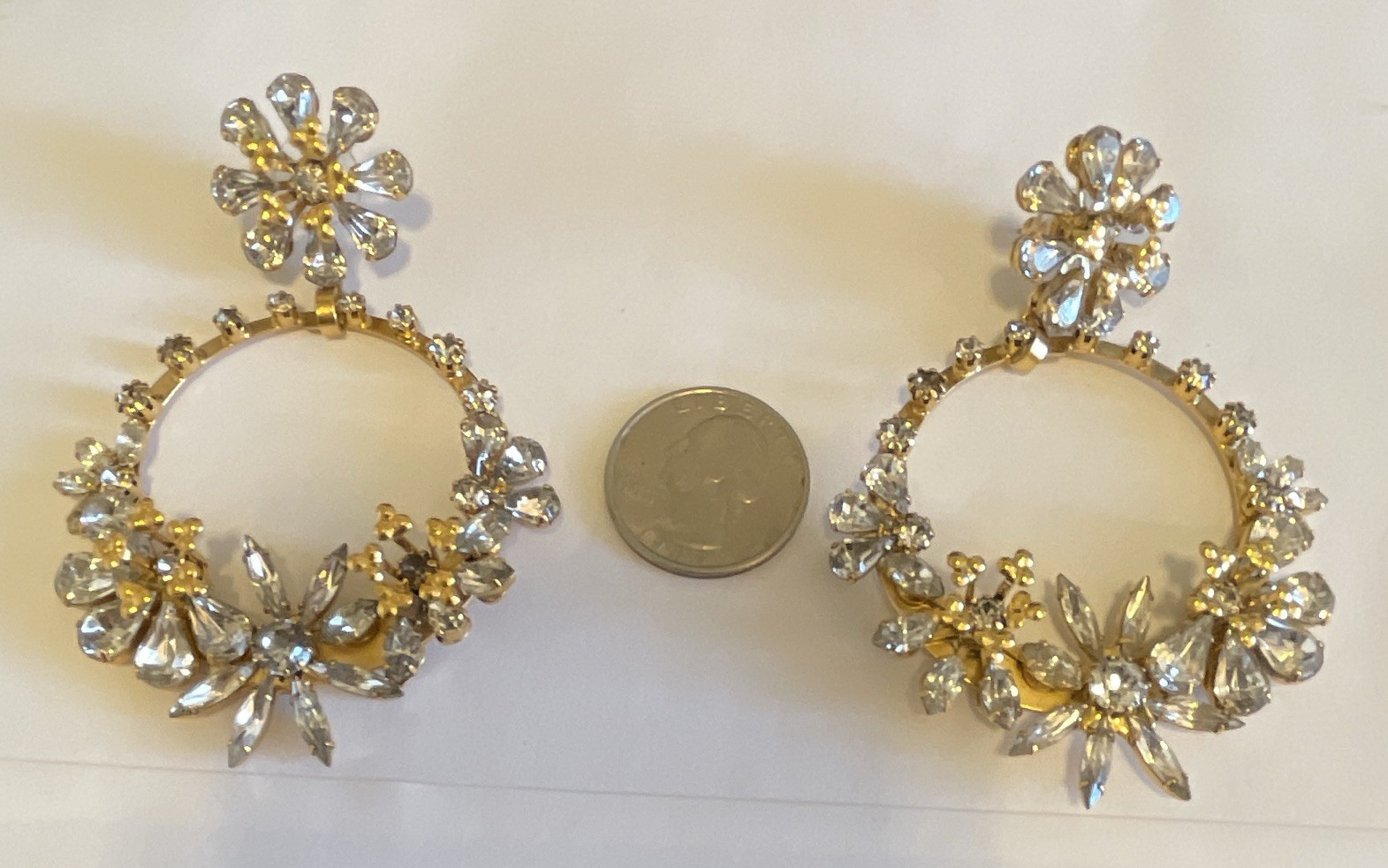 Gold Tone Floral Dangle/Drop Earrings Clear Round Crystal Rhinestone Butterfly
